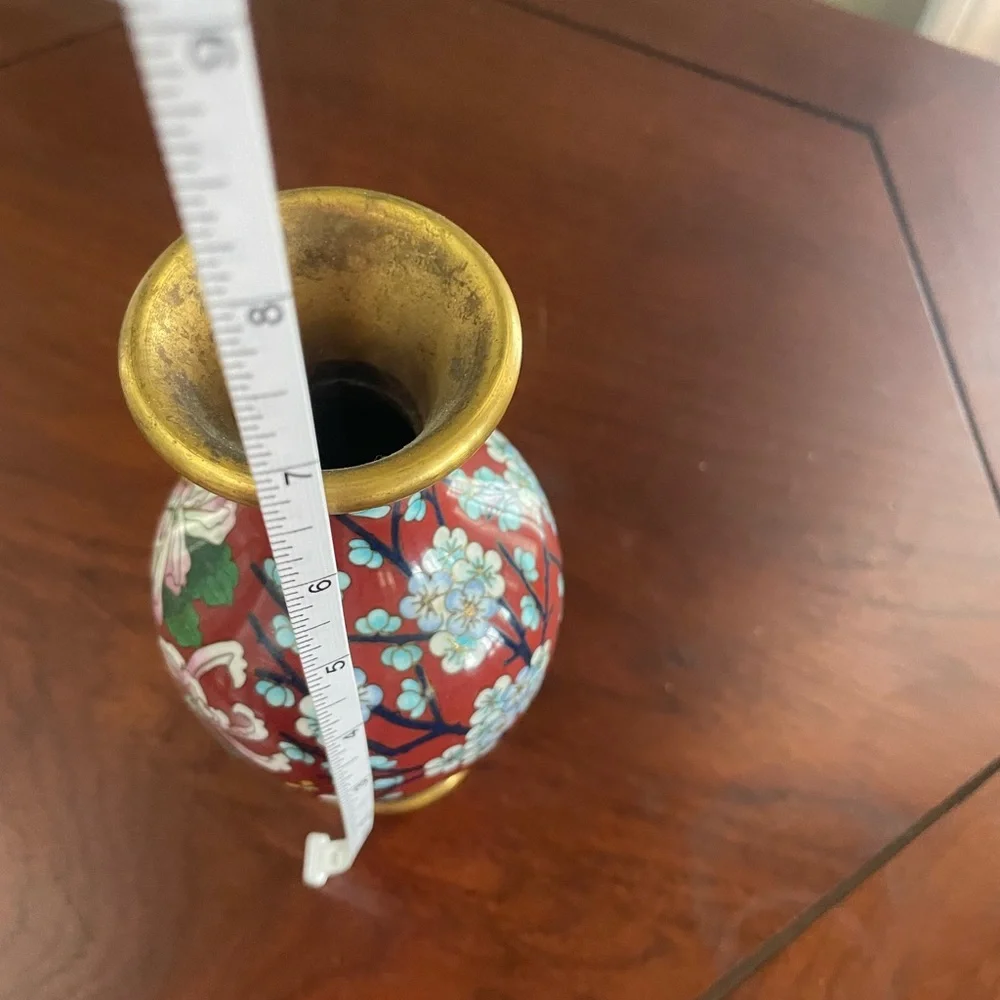 Vintage Chinese Hand-Painted Red Floral Cloisonné Vase with Gold Accents